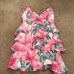 Hollister Pink Floral Ruffle Cami Dress with Green Leaves